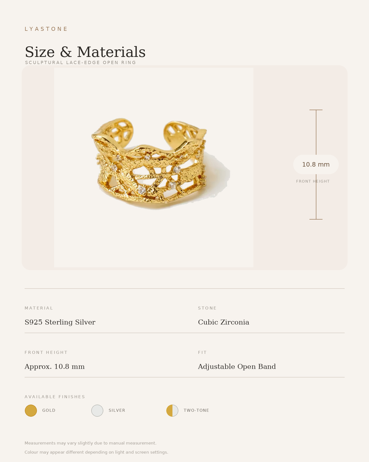 Lacework ring size and materials guide: S925 sterling silver, cubic zirconia, 10.8 mm front height, adjustable open band