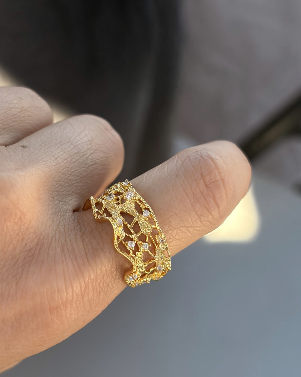 Lyastone Lacework open ring worn on hand showing scale and sculptural lace detail