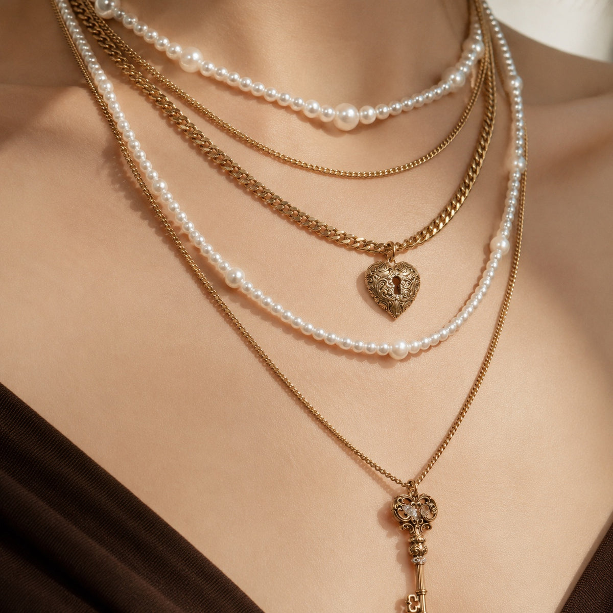 Close-up of the Lyastone Secret Key 3-in-1 Layered Pearl Necklace with heart lock and key pendants