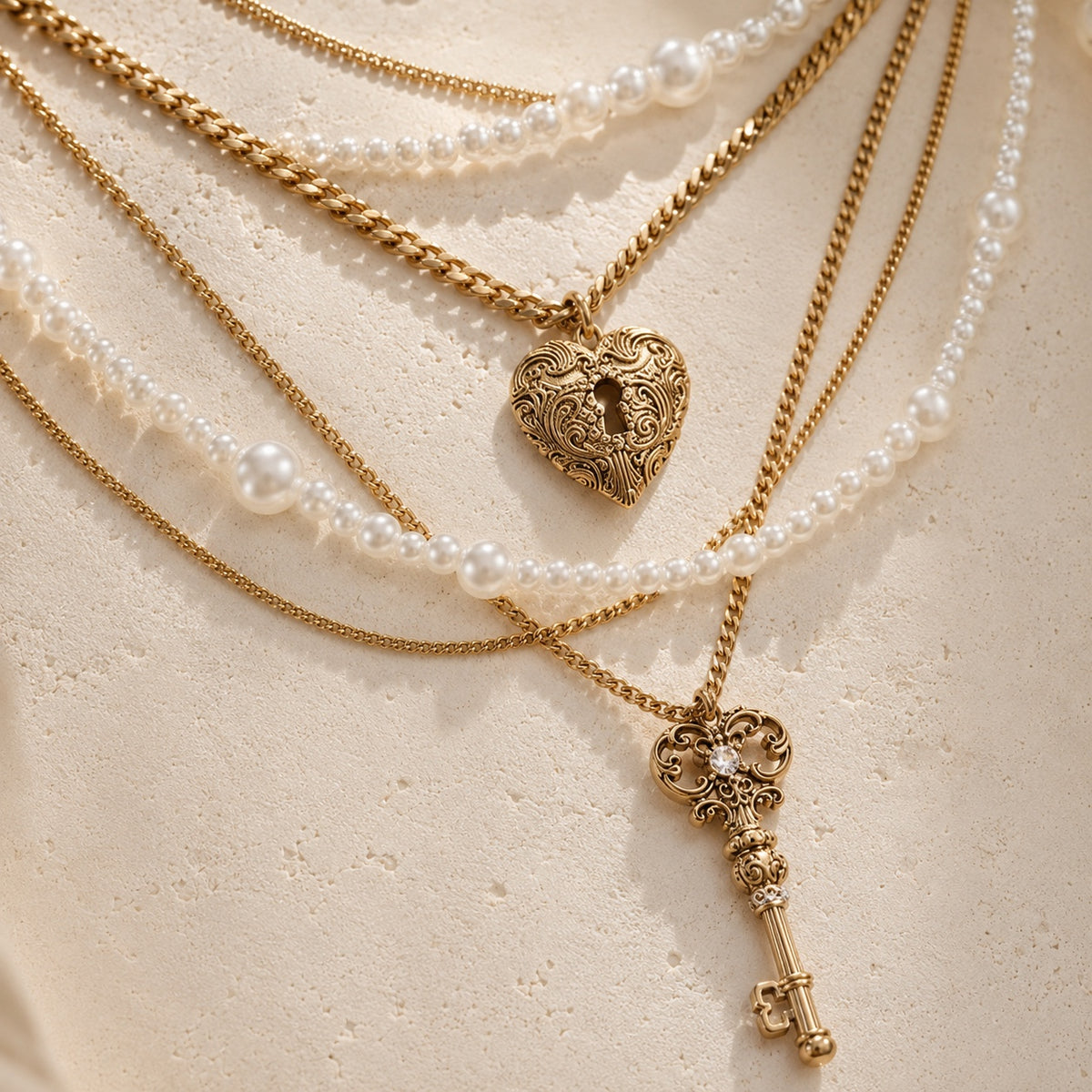 Detailed view of the Lyastone Secret Key layered pearl necklace heart lock and ornate key pendant