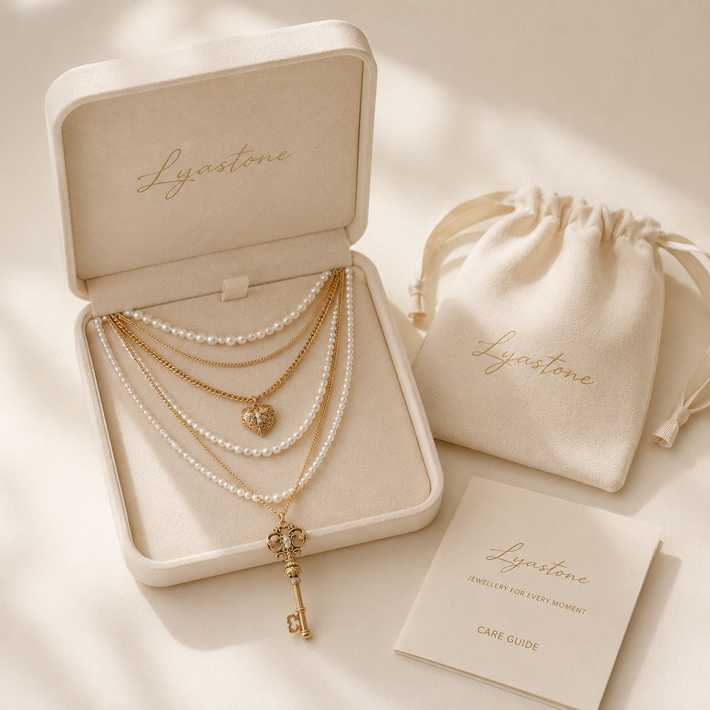Lyastone gift packaging with the Secret Key 3-in-1 Layered Pearl Necklace
