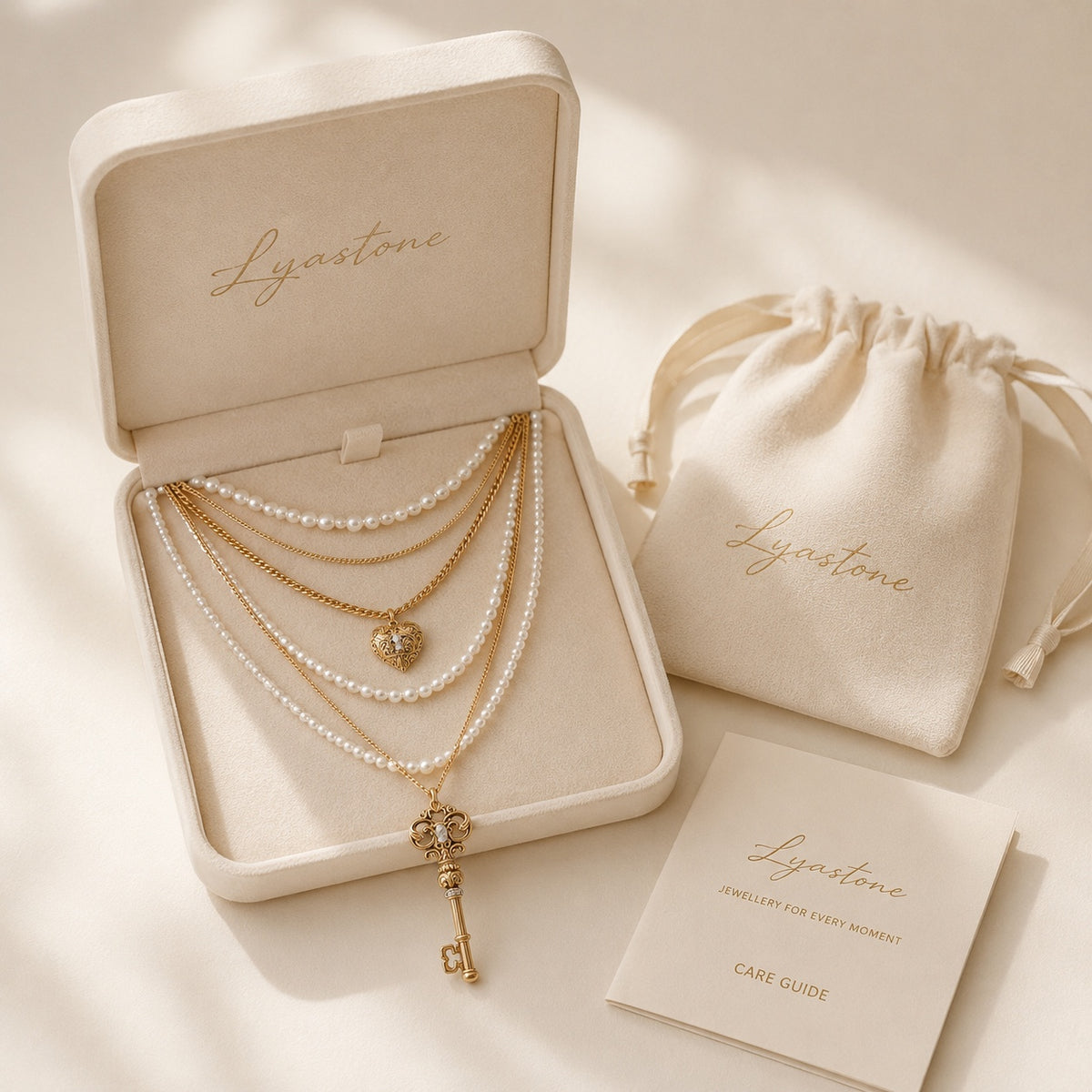 Lyastone gift packaging with the Secret Key 3-in-1 Layered Pearl Necklace