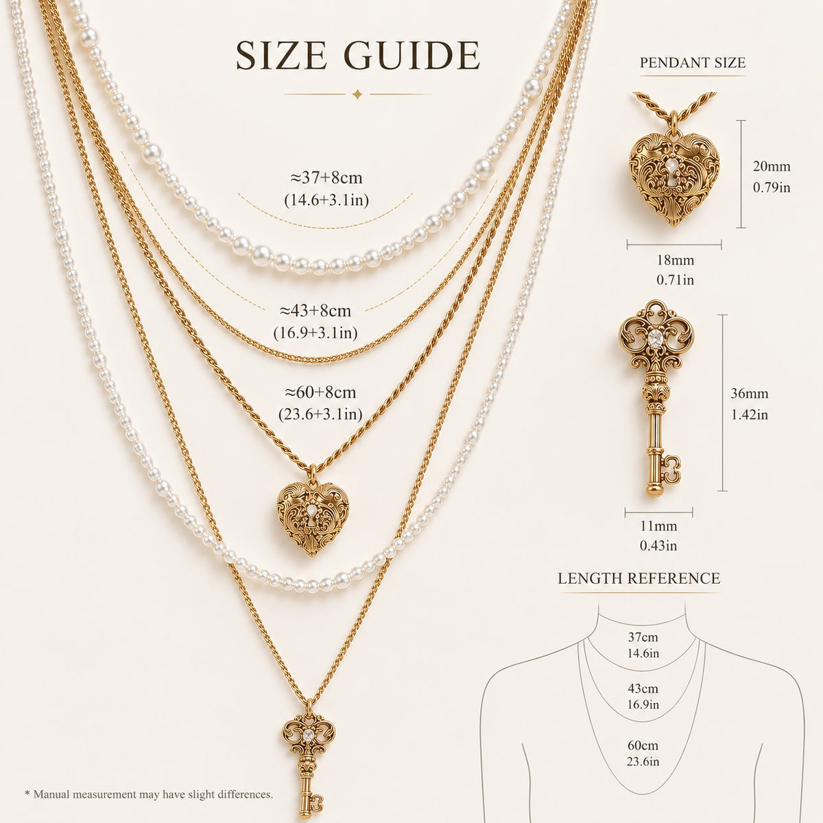 Size guide for the Lyastone Secret Key 3-in-1 Layered Pearl Necklace