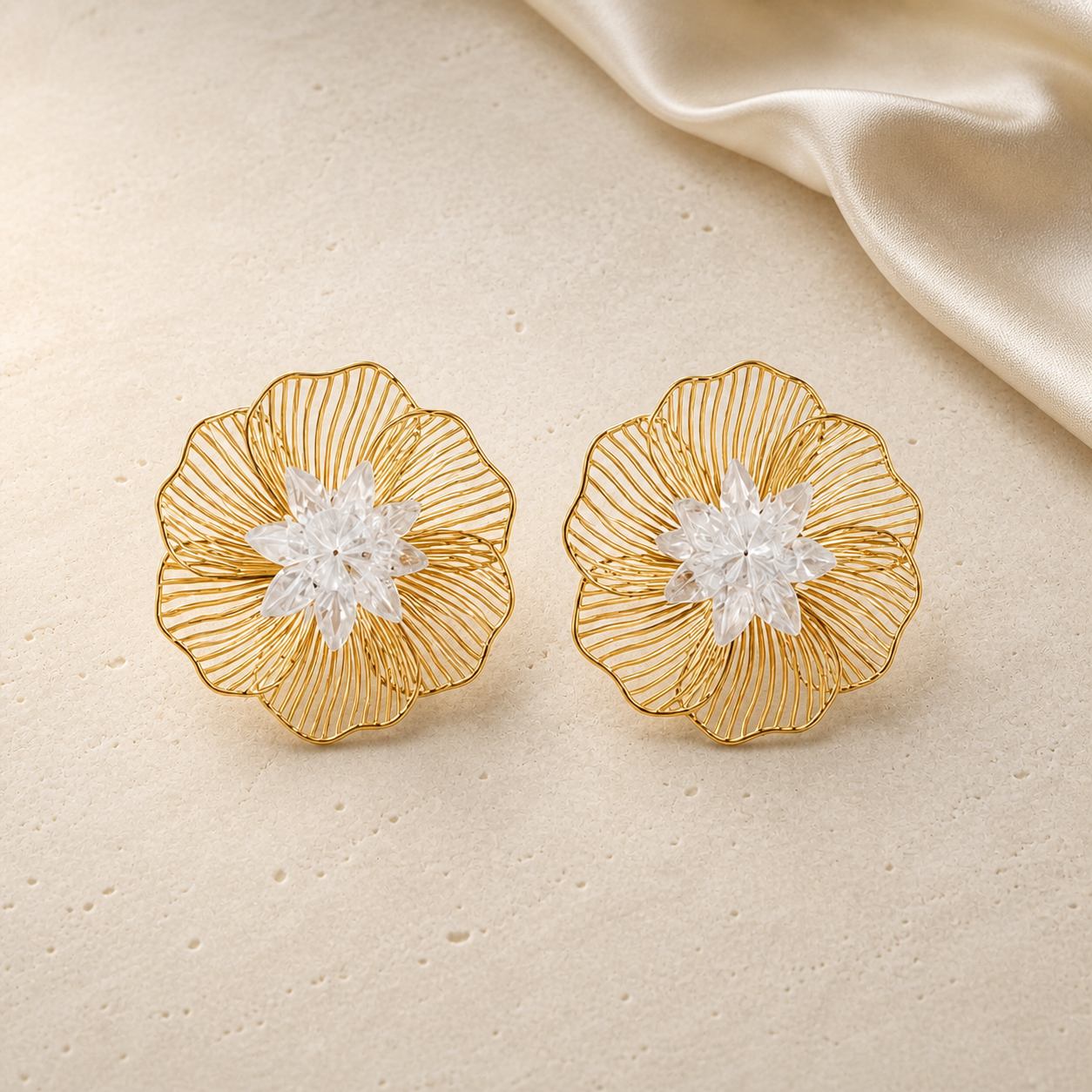 Lumière Bloom Earrings in gold with clear crystal flowers