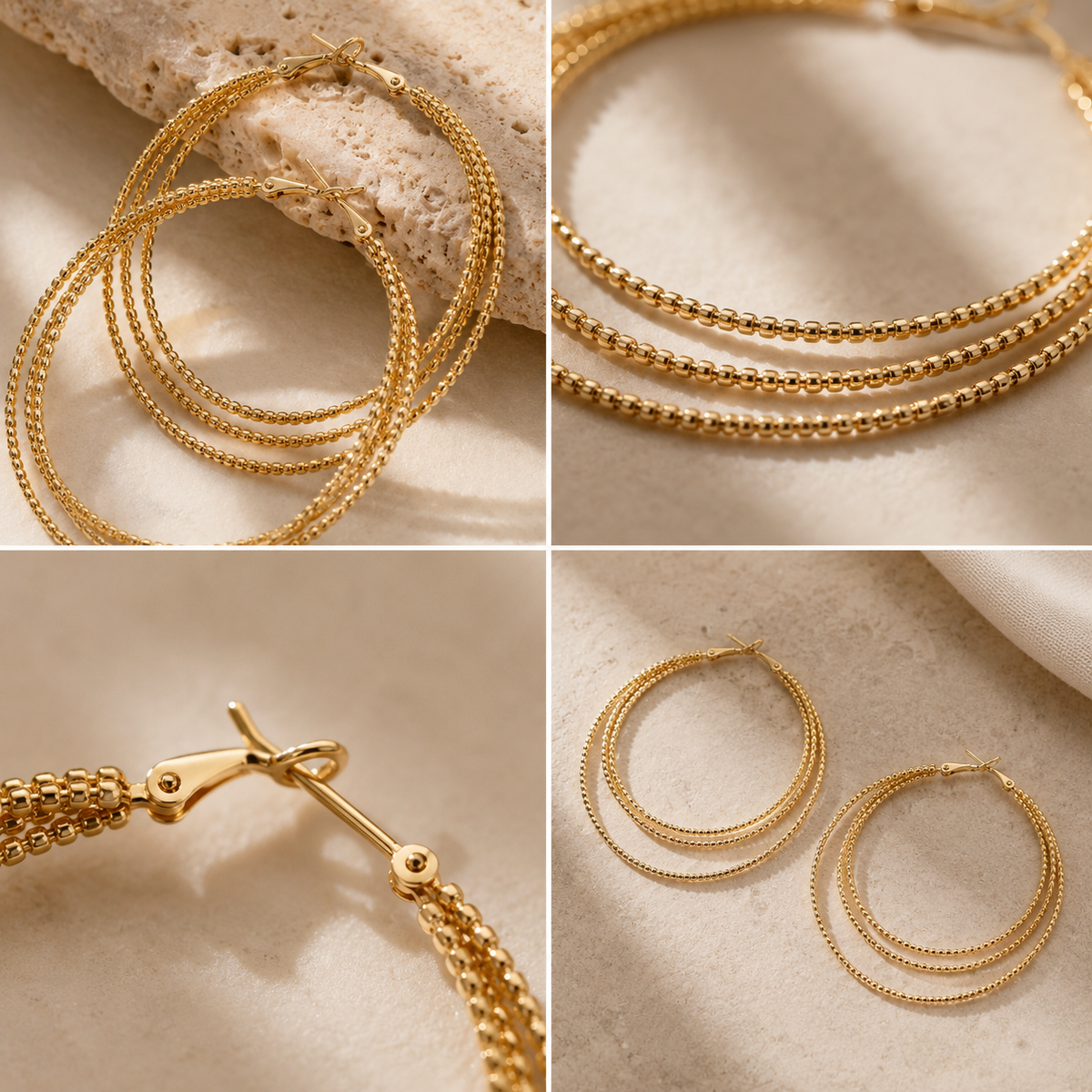 Close-up details of the Aurelia triple hoop earrings texture and clasp