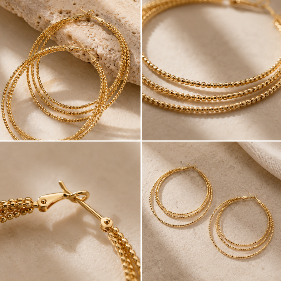 Close-up details of the Aurelia triple hoop earrings texture and clasp