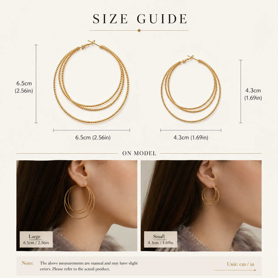 Aurelia triple hoop earrings size guide showing large 6.5 cm and small 4.3 cm