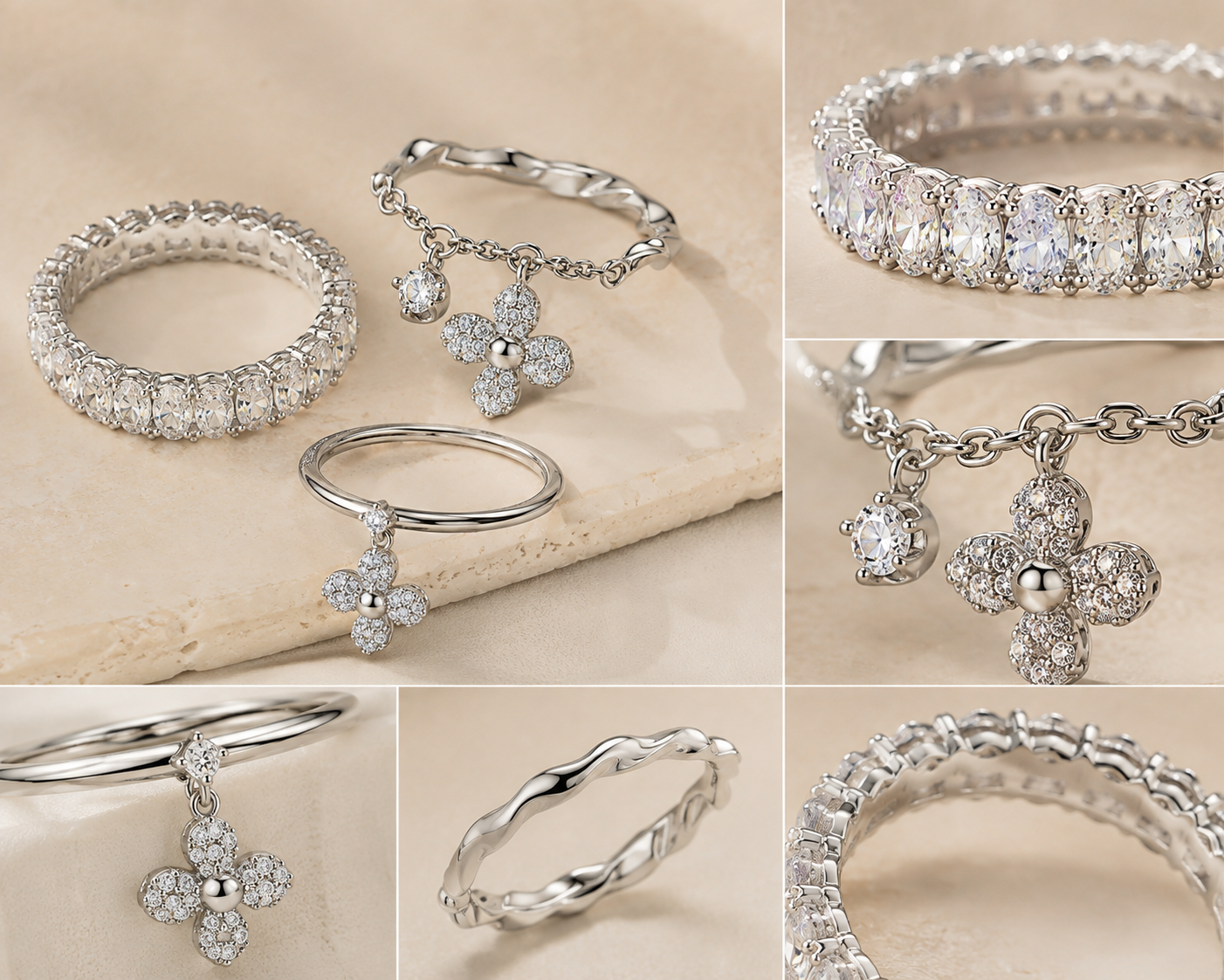 Wild Bloom ring stack cubic zirconia and flower charm details