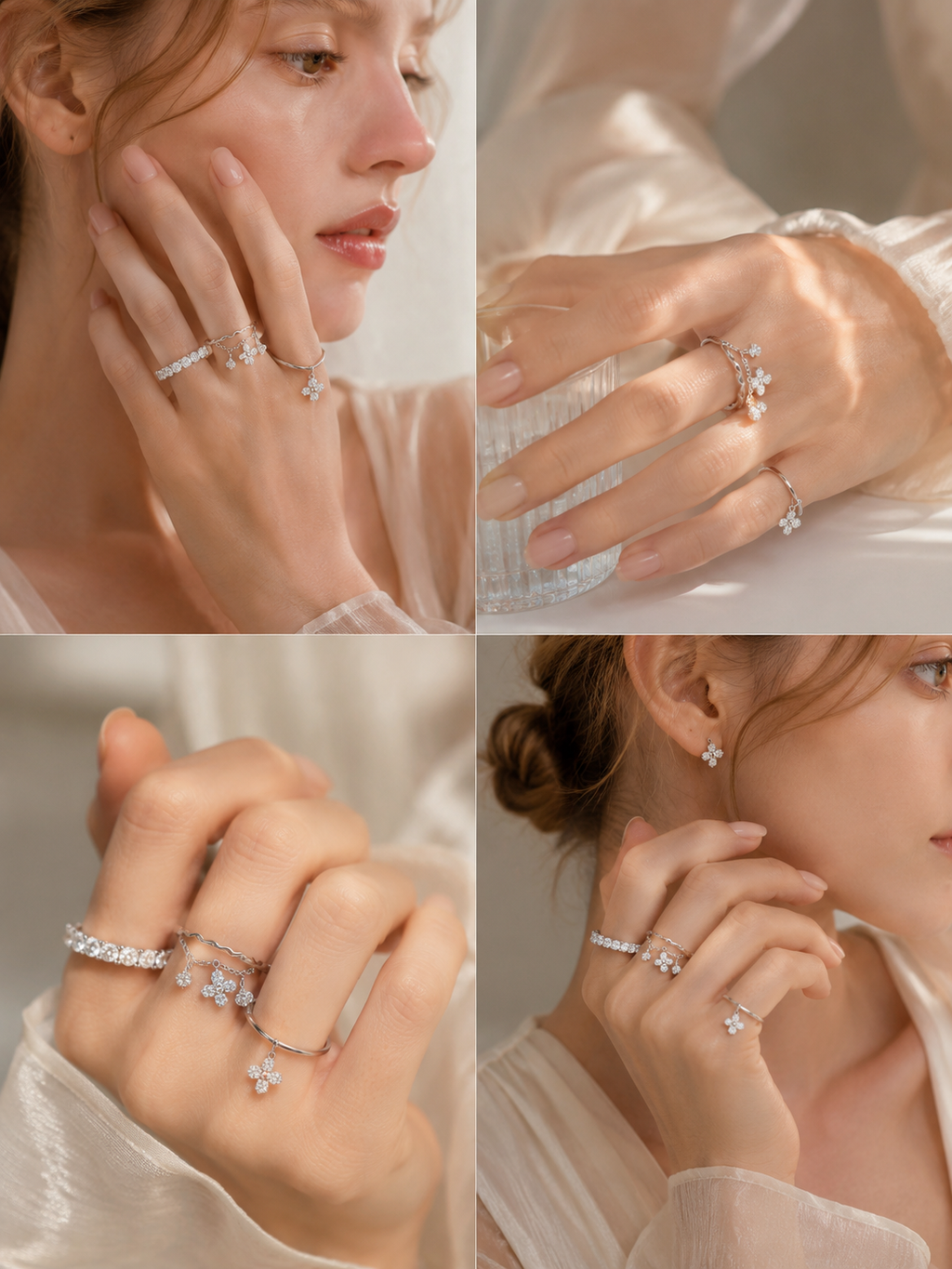 Model styling Wild Bloom silver stacking rings