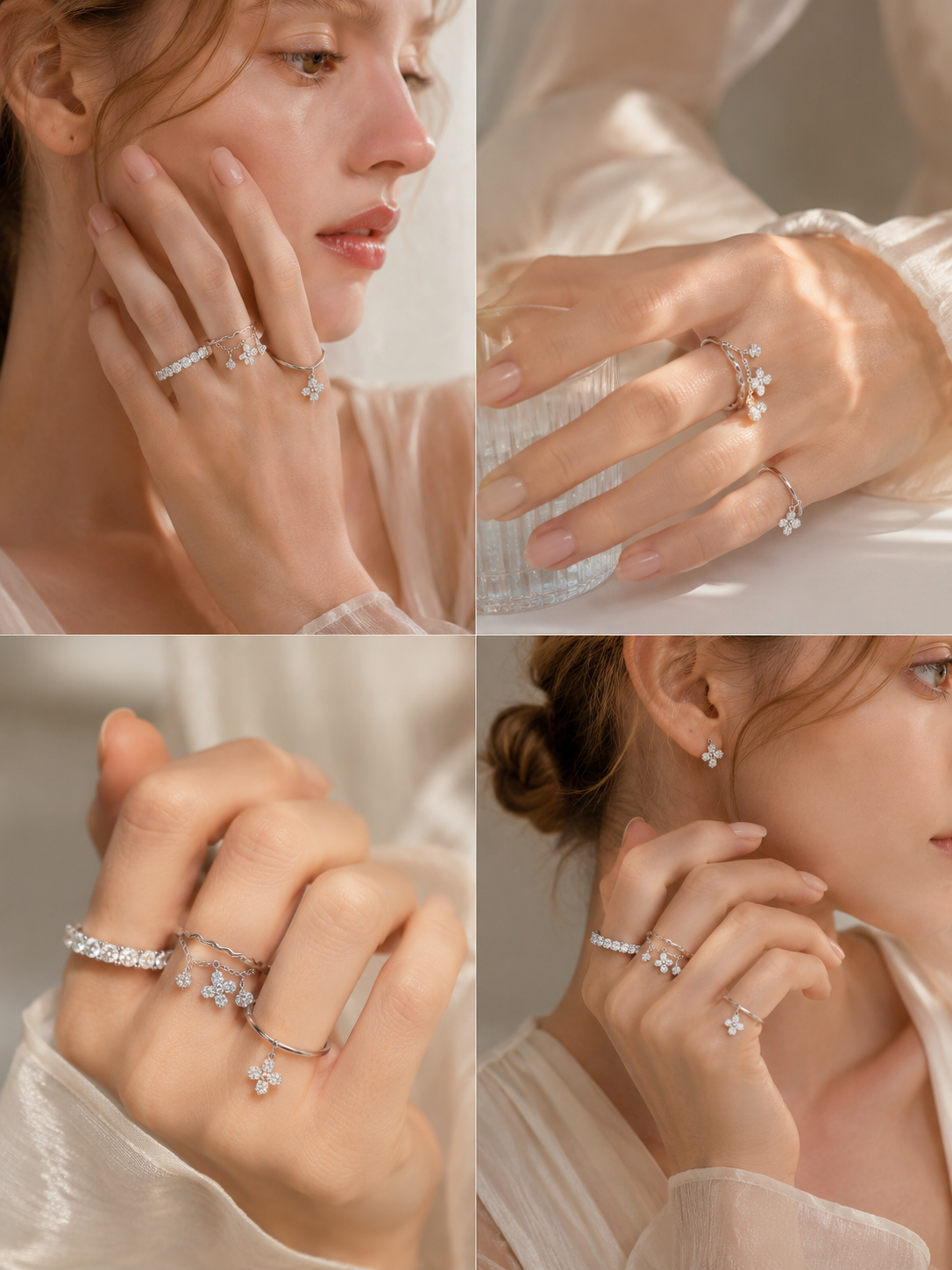 Model styling Wild Bloom silver stacking rings