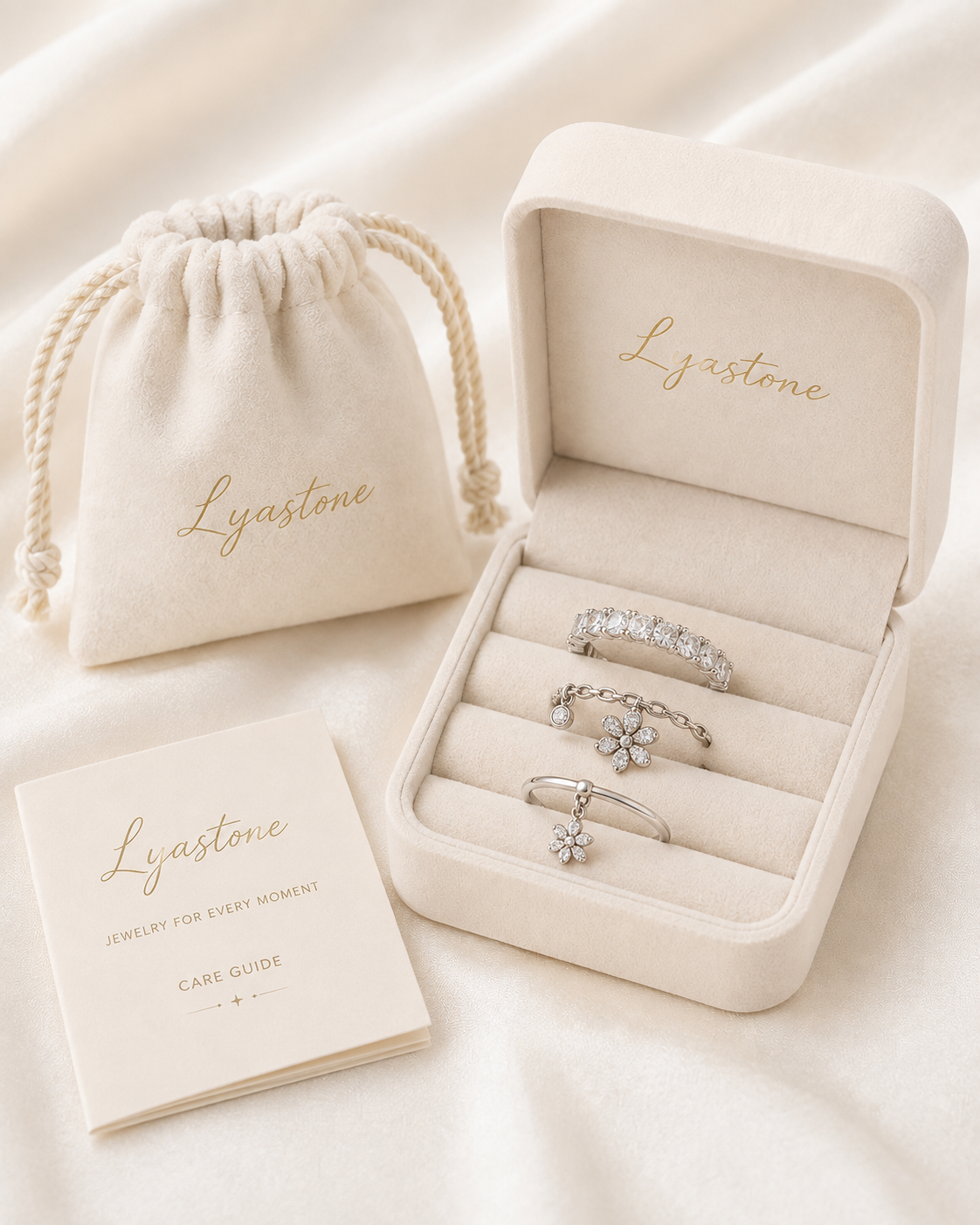 Wild Bloom ring stack in Lyastone signature gift packaging