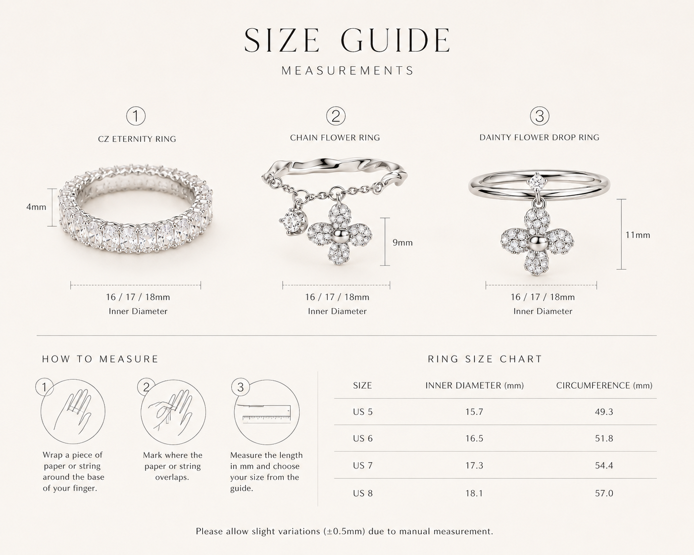 Wild Bloom ring stack size guide 16mm 17mm 18mm