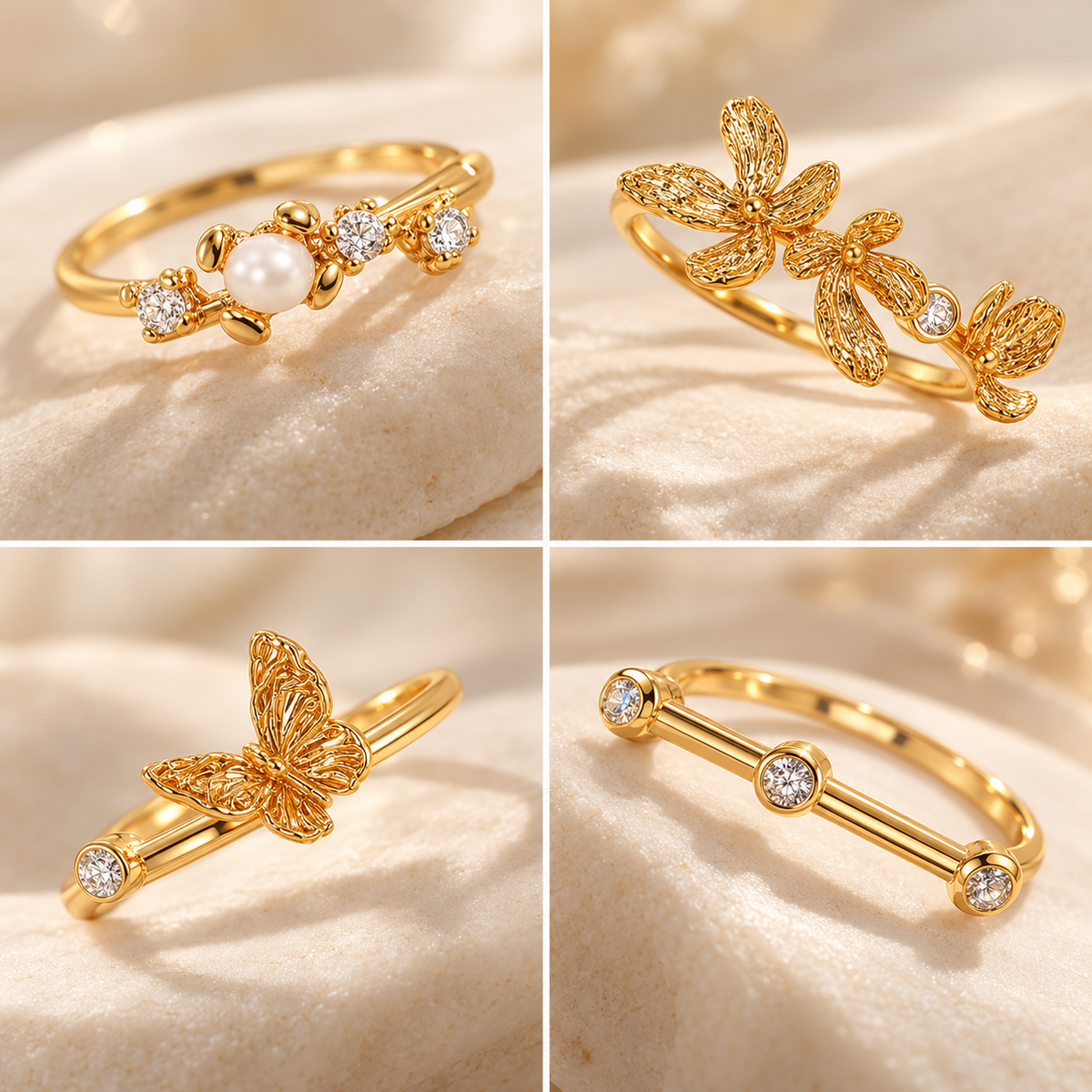 Butterfly Bloom Ring – close-up details of butterfly, gold flower, pearl and cubic zirconia ring designs