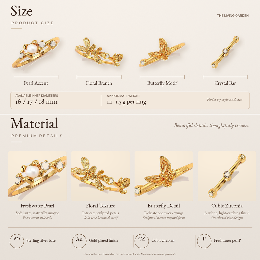 Butterfly Bloom Ring sizing and material guide: styles A-D, available inner diameters 16/17/18 mm, gold-plated 925 silver, CZ, freshwater pearl on pearl design