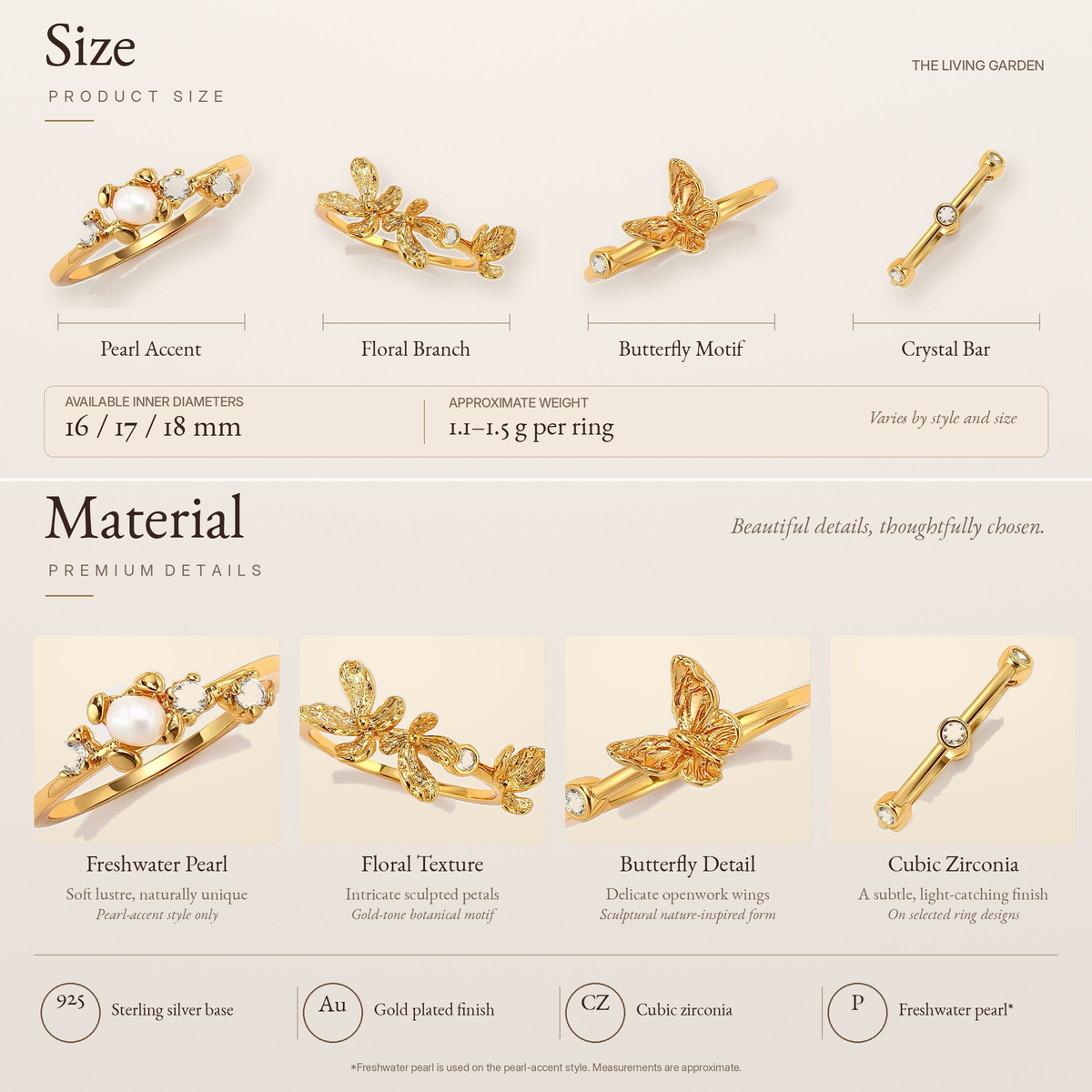 Butterfly Bloom Ring sizing and material guide: styles A-D, available inner diameters 16/17/18 mm, gold-plated 925 silver, CZ, freshwater pearl on pearl design