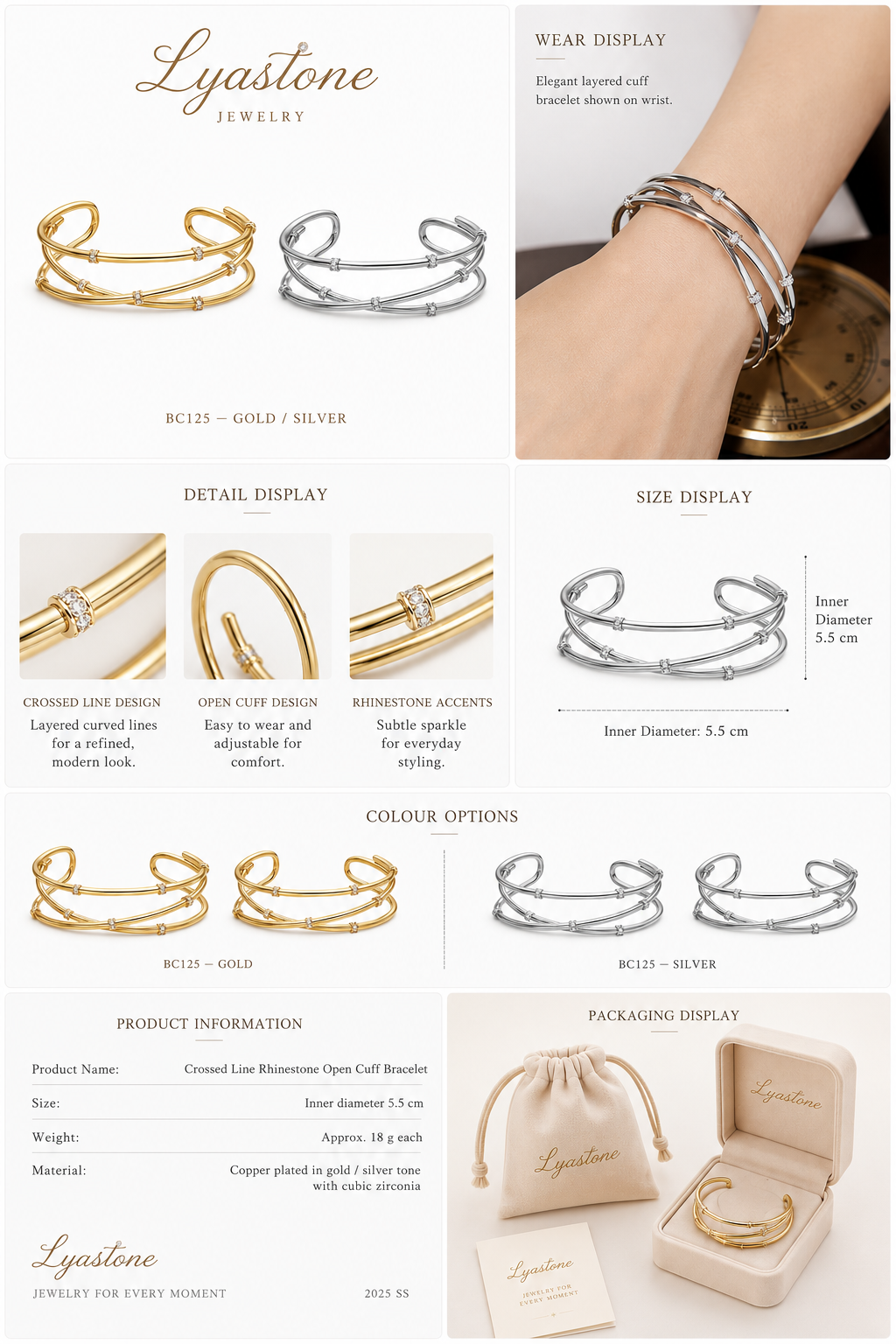 Serena Crossed Cuff Bracelet details and colour options