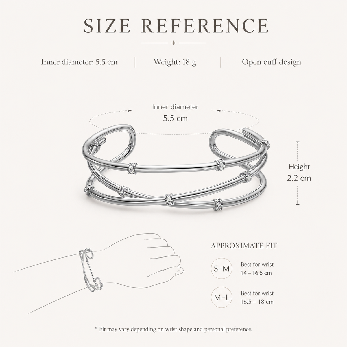 Serena Crossed Cuff Bracelet size guide
