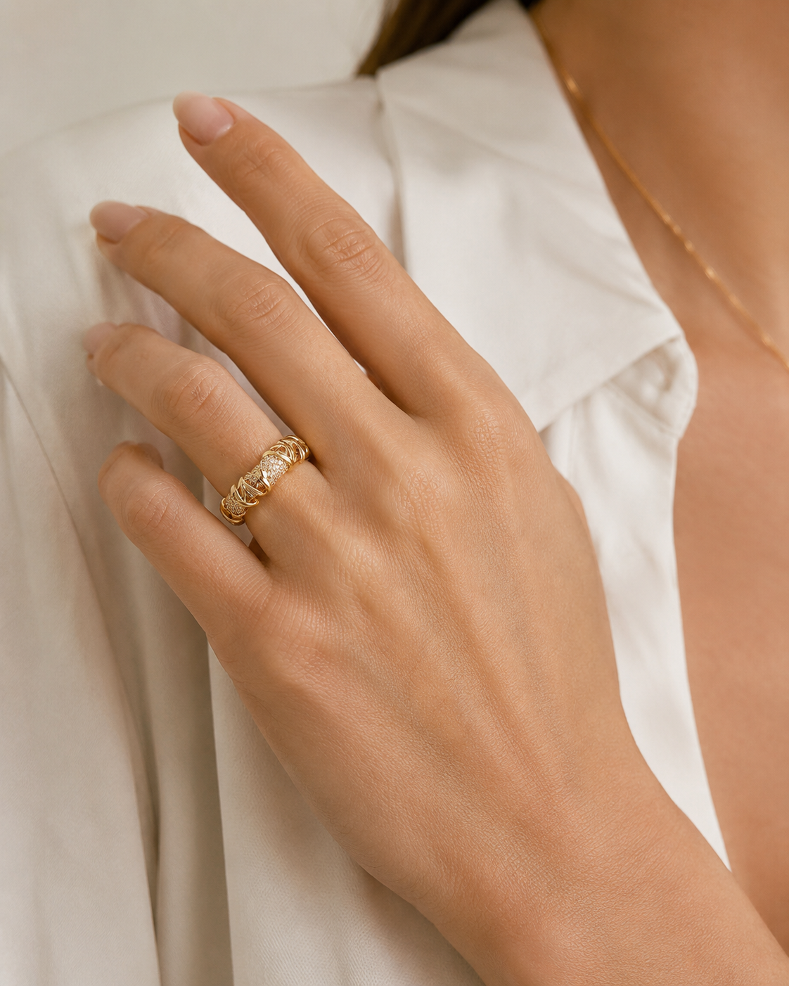 Valeria Crystal Braid Ring in gold worn on hand