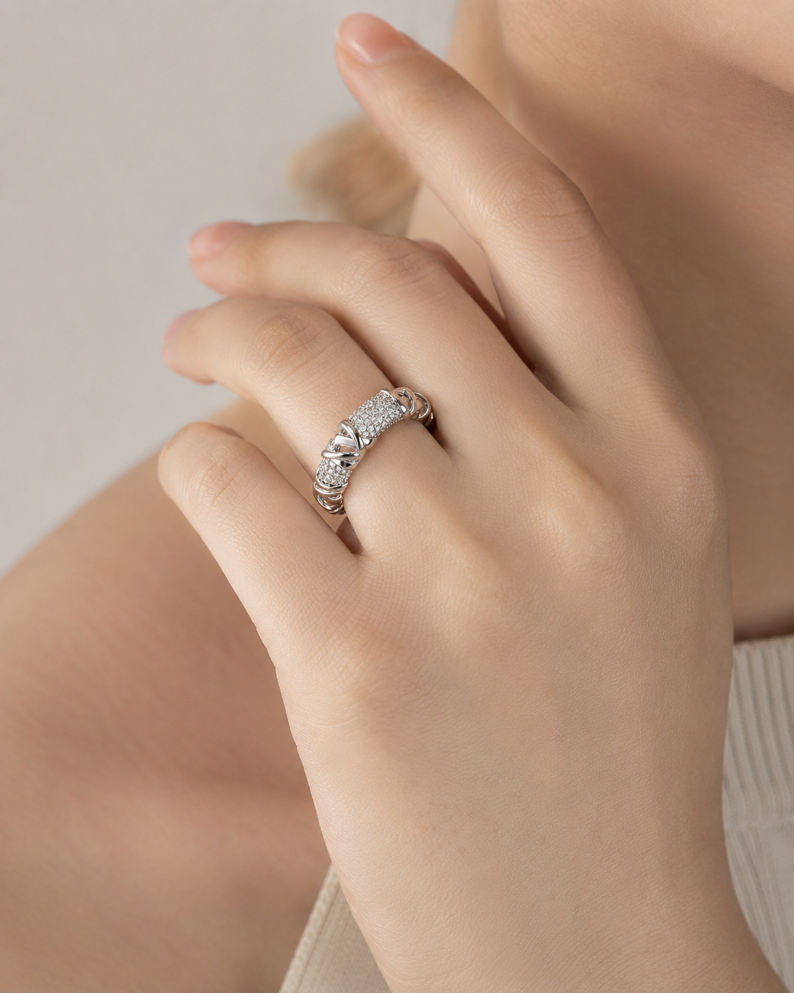 Valeria Crystal Braid Ring in silver worn on hand