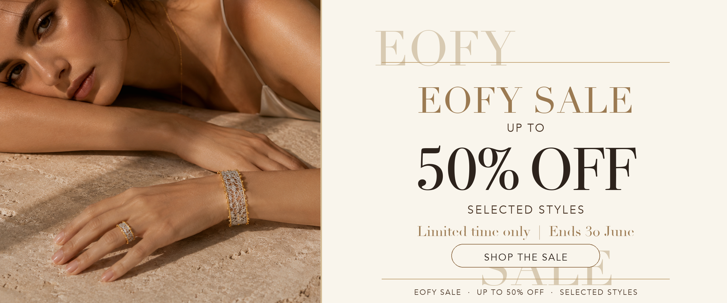 Lyastone EOFY sale up to 50% off selected jewellery styles desktop banner