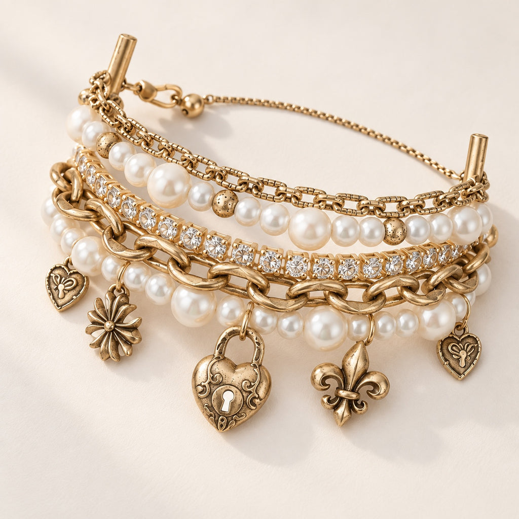 Close-up of Époque antique gold pearl charm bracelet with crystal tennis chain and vintage charms