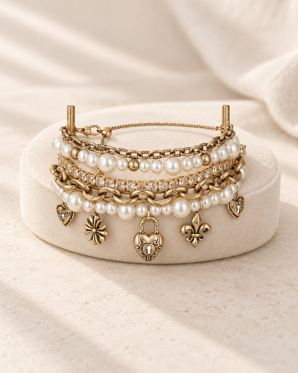 Lyastone Époque pearl charm bracelet in antique gold with layered pearls and crystal details