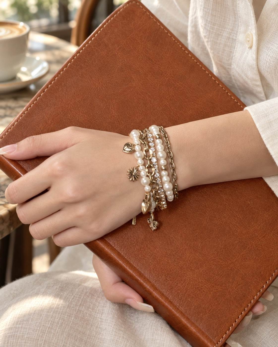 Époque pearl charm bracelet worn in a warm café setting
