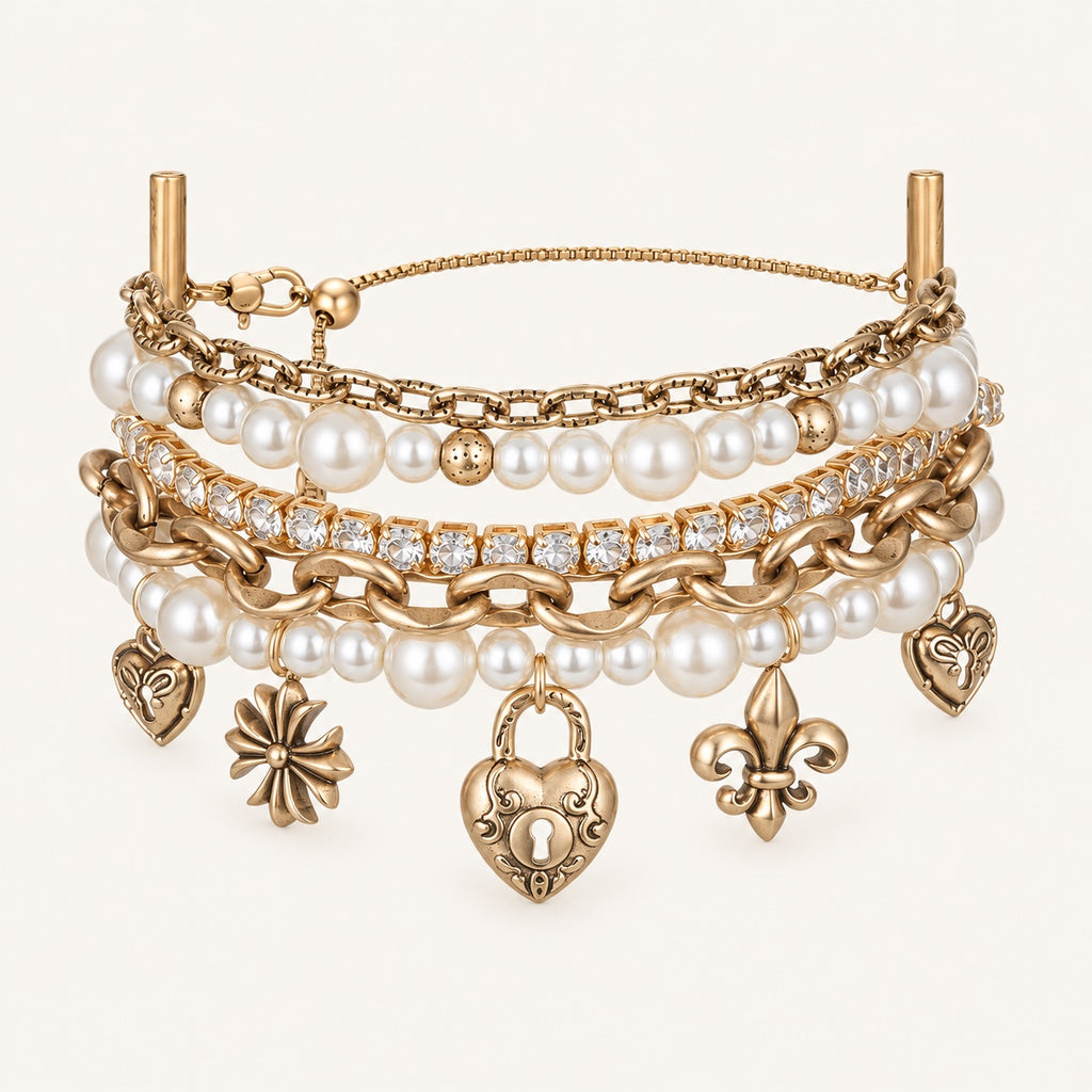 Époque layered pearl charm bracelet front view with heart lock and fleur-de-lis charms