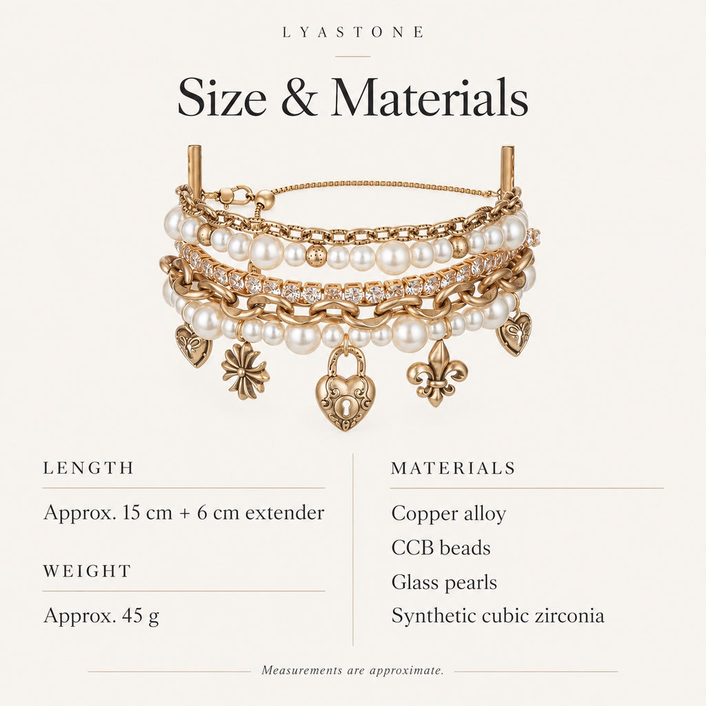 Époque bracelet size and materials: 15 cm plus 6 cm extender, copper alloy, CCB beads, glass pearls and cubic zirconia