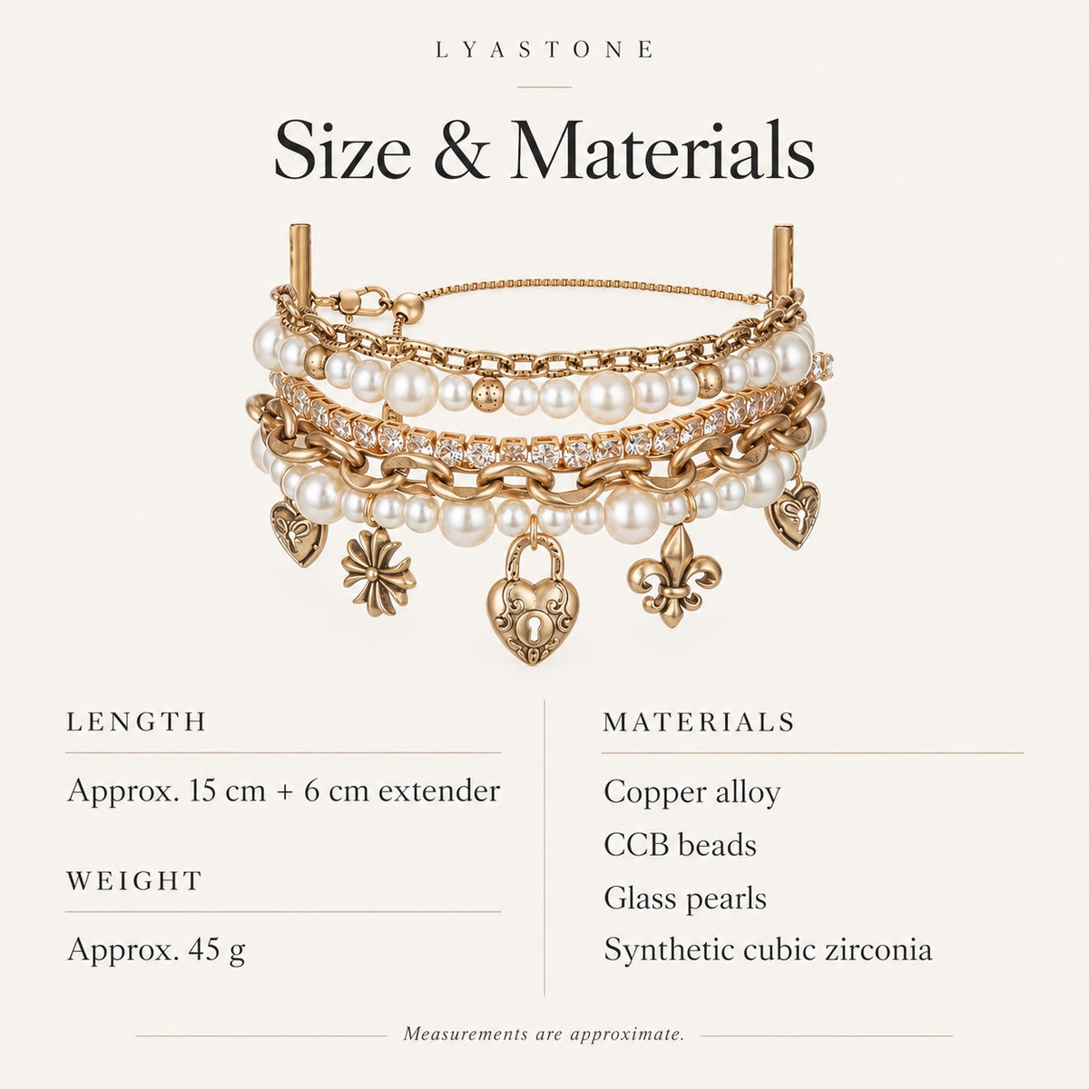 Époque bracelet size and materials: 15 cm plus 6 cm extender, copper alloy, CCB beads, glass pearls and cubic zirconia
