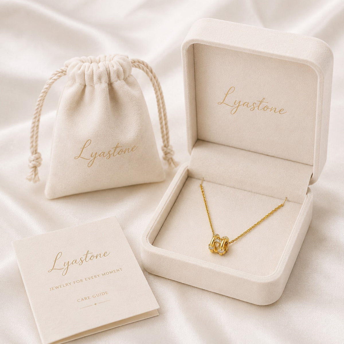 Eternal Link Necklace in gold tone displayed in Lyastone gift packaging