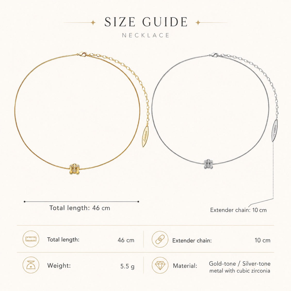 Size guide for Eternal Link Necklace with 46 cm length and 10 cm extender chain