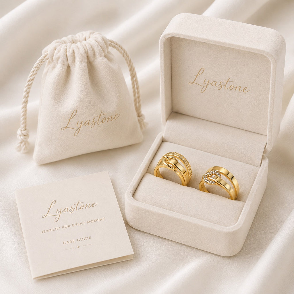 Fortuna Horsebit Ring Collection displayed in Lyastone gift packaging
