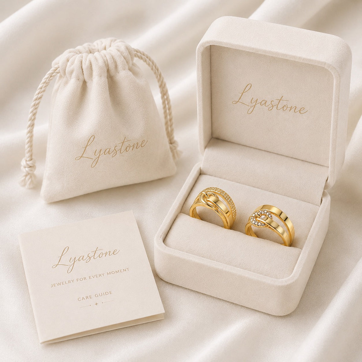 Fortuna Horsebit Ring Collection displayed in Lyastone gift packaging