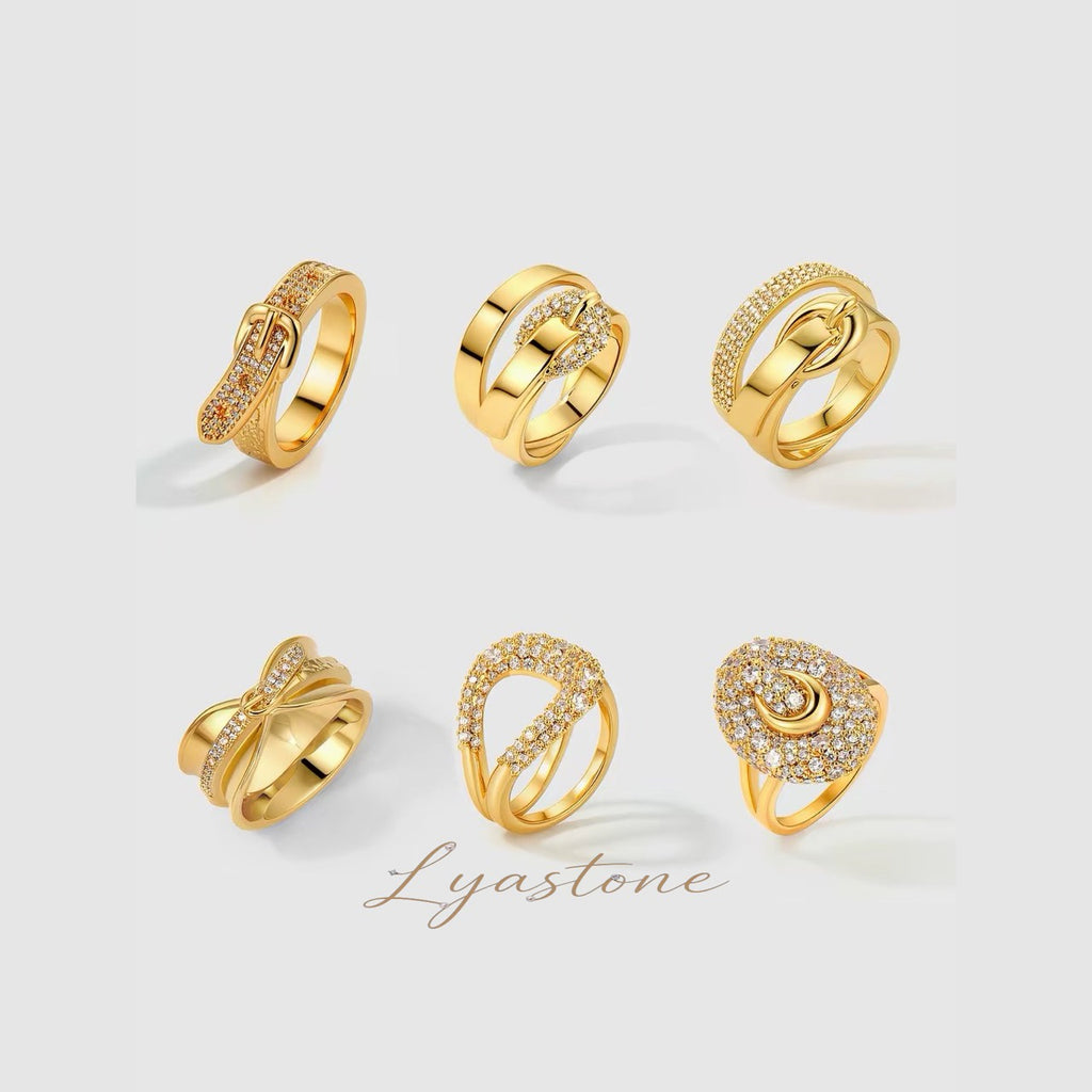 Fortuna Horsebit Ring Collection in gold with pave crystal by Lyastone