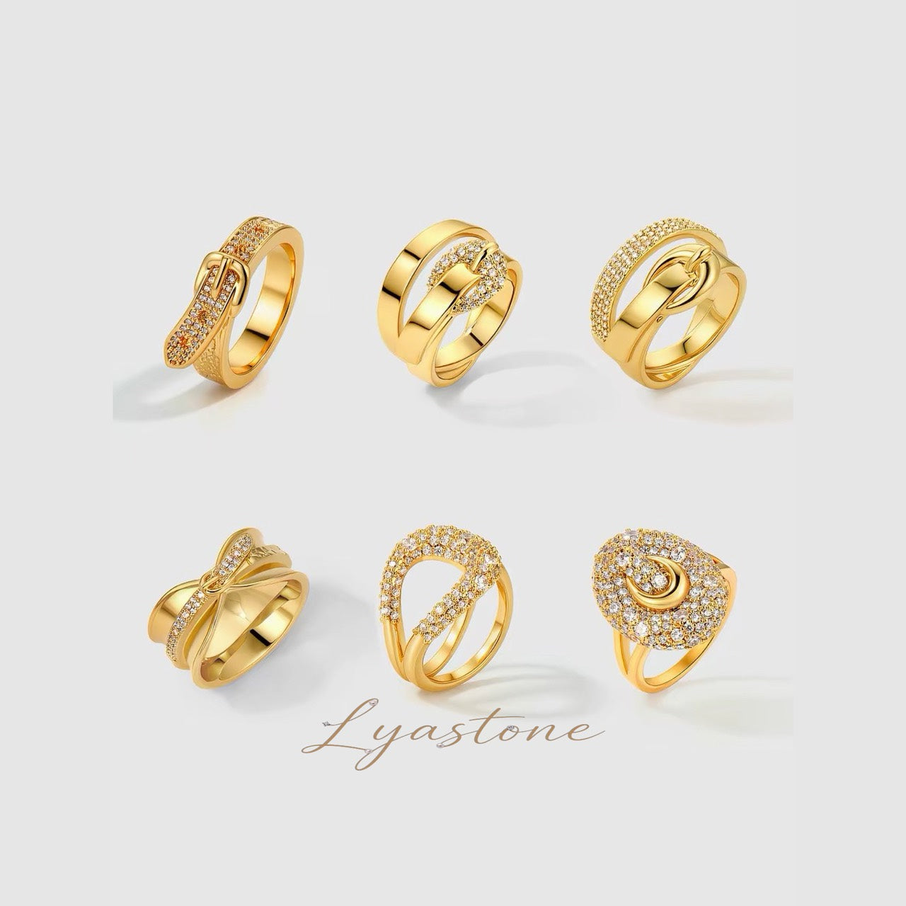 Fortuna Horsebit Ring Collection in gold with pave crystal by Lyastone