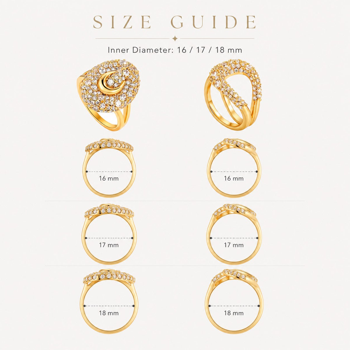 Size guide for Fortuna Horsebit Ring Collection with 16 17 and 18 mm inner diameters