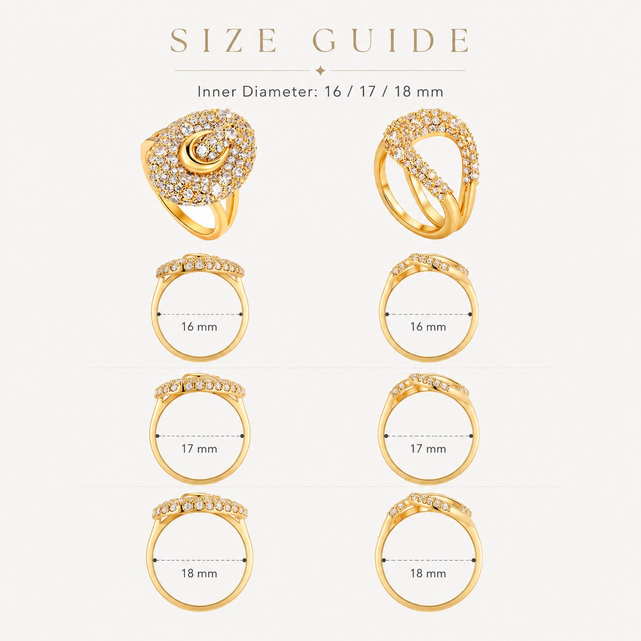 Size guide for Fortuna Horsebit Ring Collection with 16 17 and 18 mm inner diameters