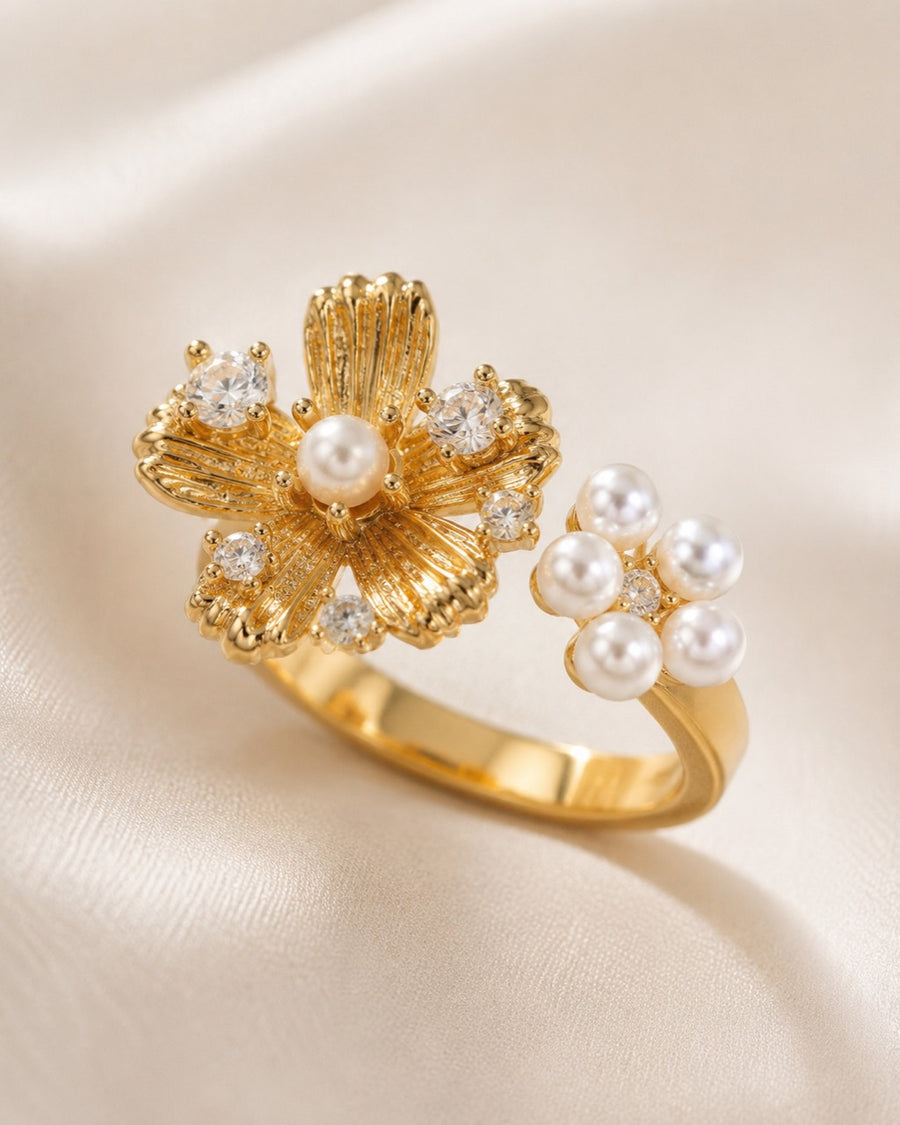 Close up of Golden Bloom Pearl Ring with pearl flowers and crystals