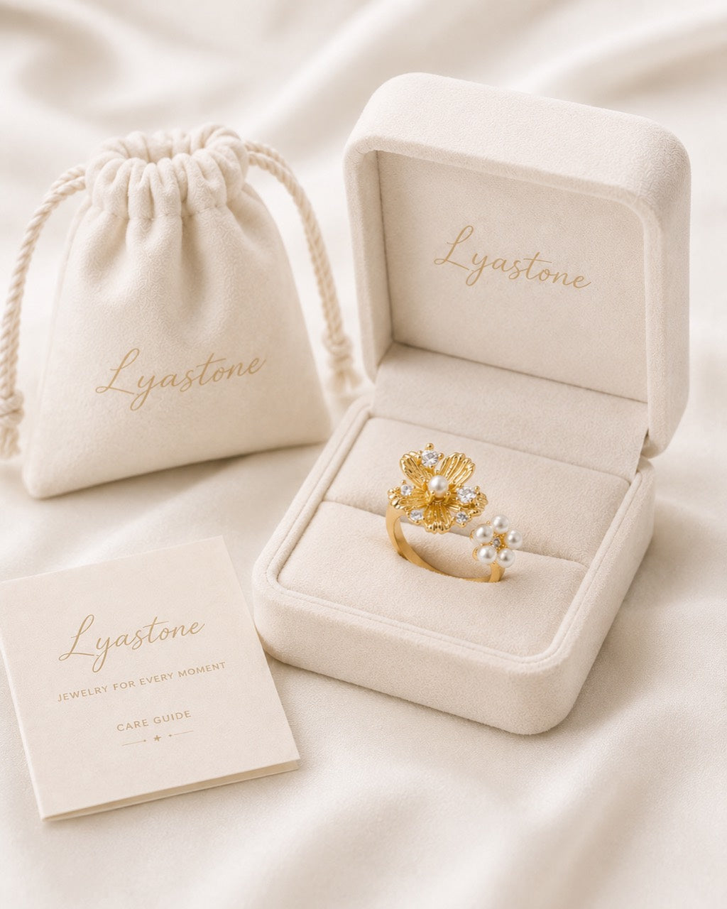 Golden Bloom Pearl Ring in Lyastone gift packaging