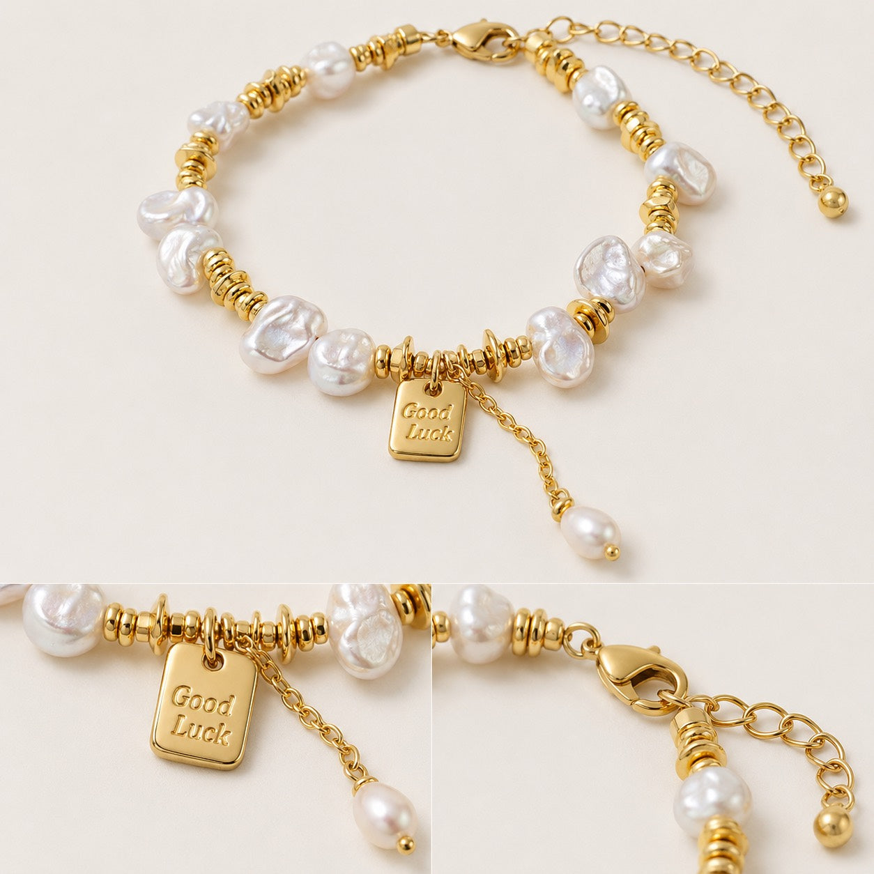 Close-up details of Good Luck Baroque Pearl Bracelet with charm clasp and extension chain by Lyastone