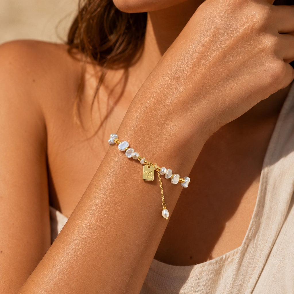 Good Luck Baroque Pearl Bracelet worn on wrist with natural baroque pearls by Lyastone