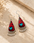 Crimson Bloom hand embroidered red floral silver drop earrings