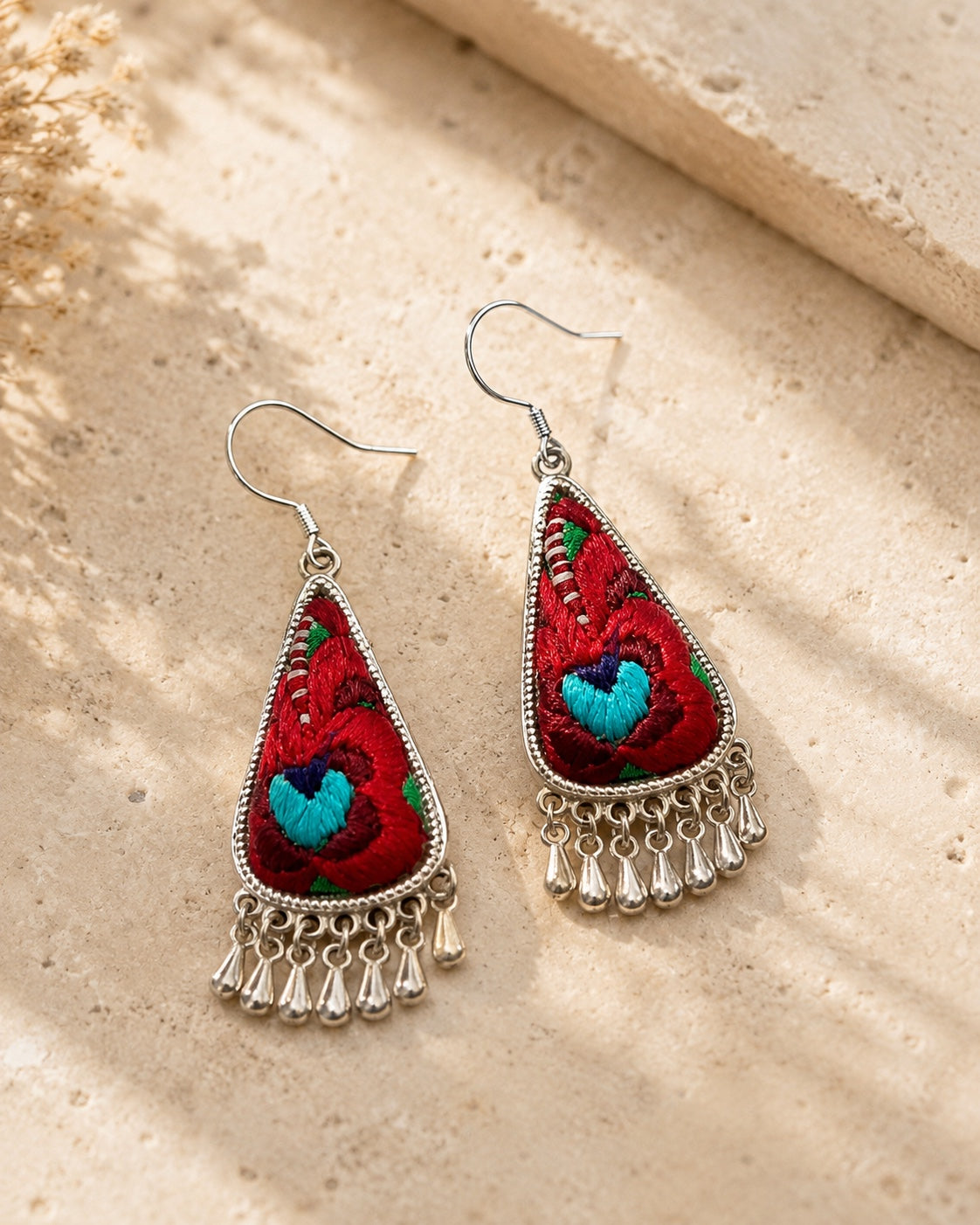 Crimson Bloom hand embroidered red floral silver drop earrings