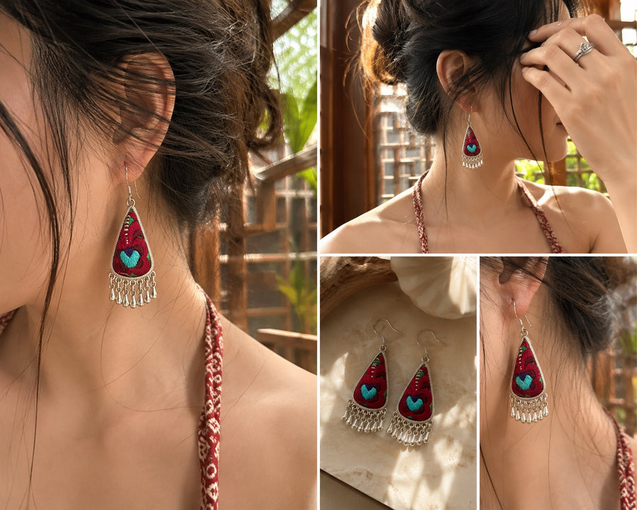 Crimson Bloom embroidered earrings lifestyle and styling collage