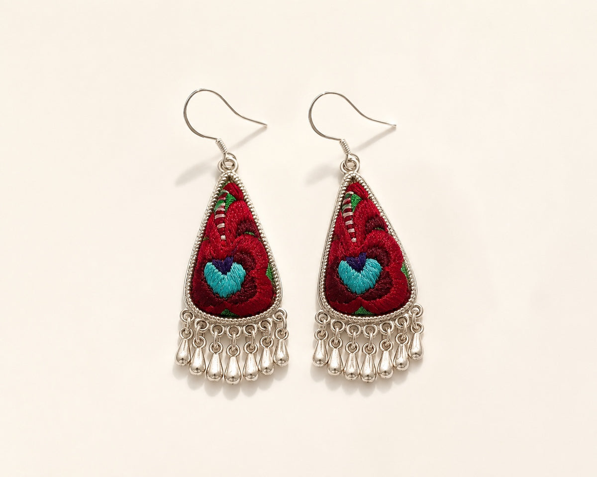Front view of Crimson Bloom handmade embroidered drop earrings