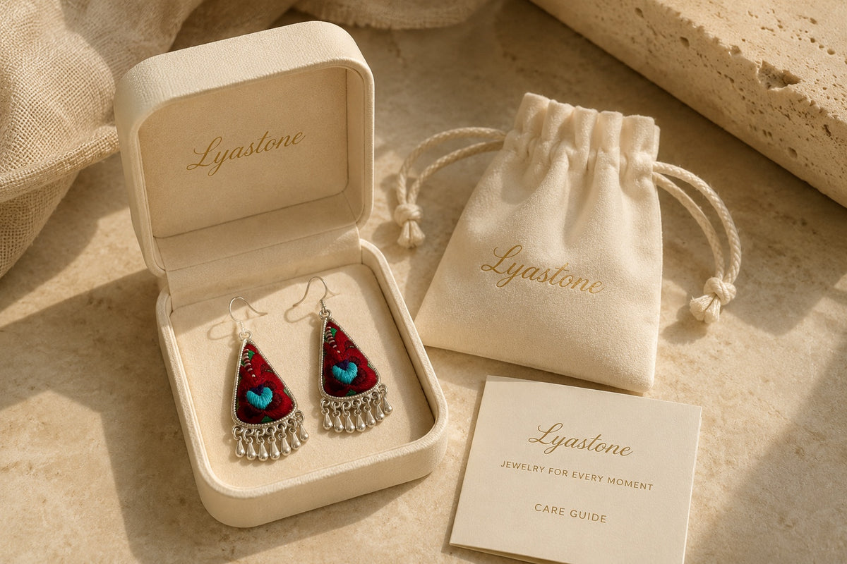 Crimson Bloom earrings presented in Lyastone gift packaging