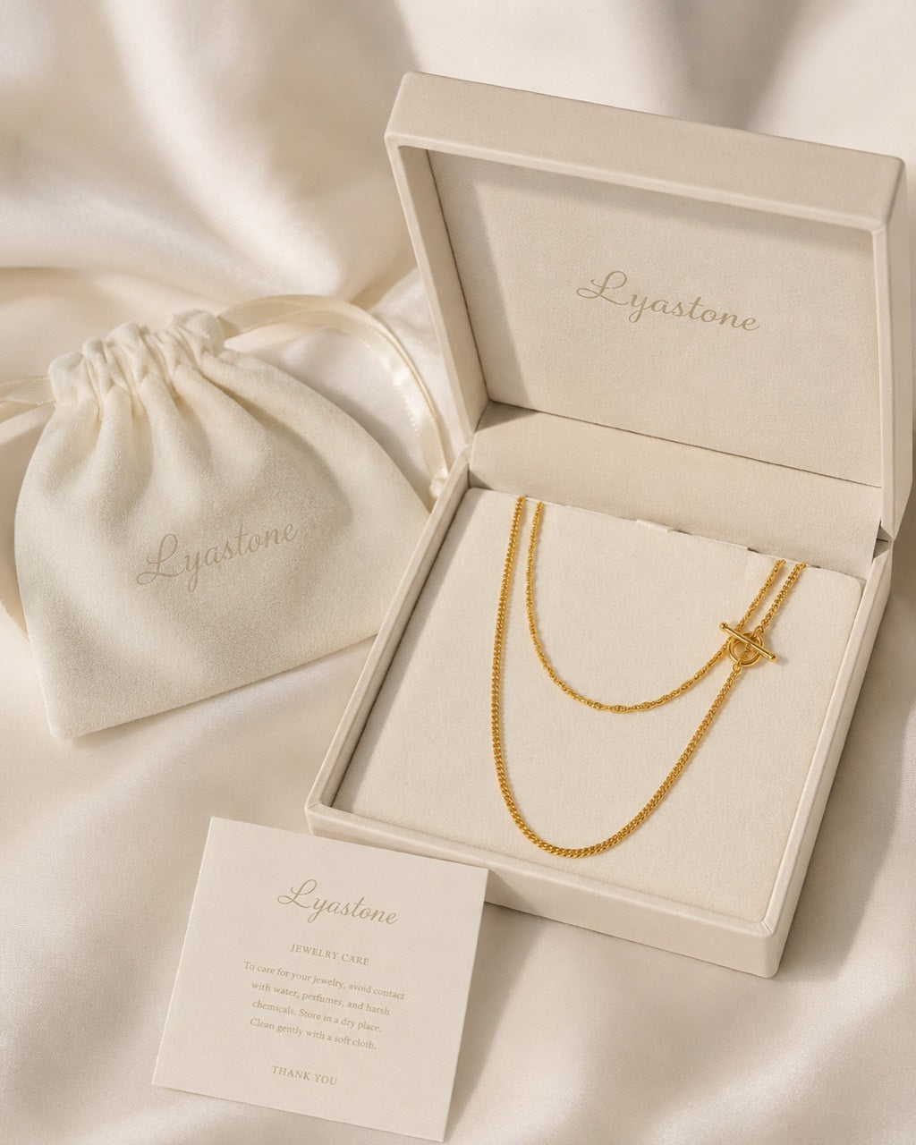 Imperfect Bloom OT Long Necklace displayed in Lyastone gift packaging