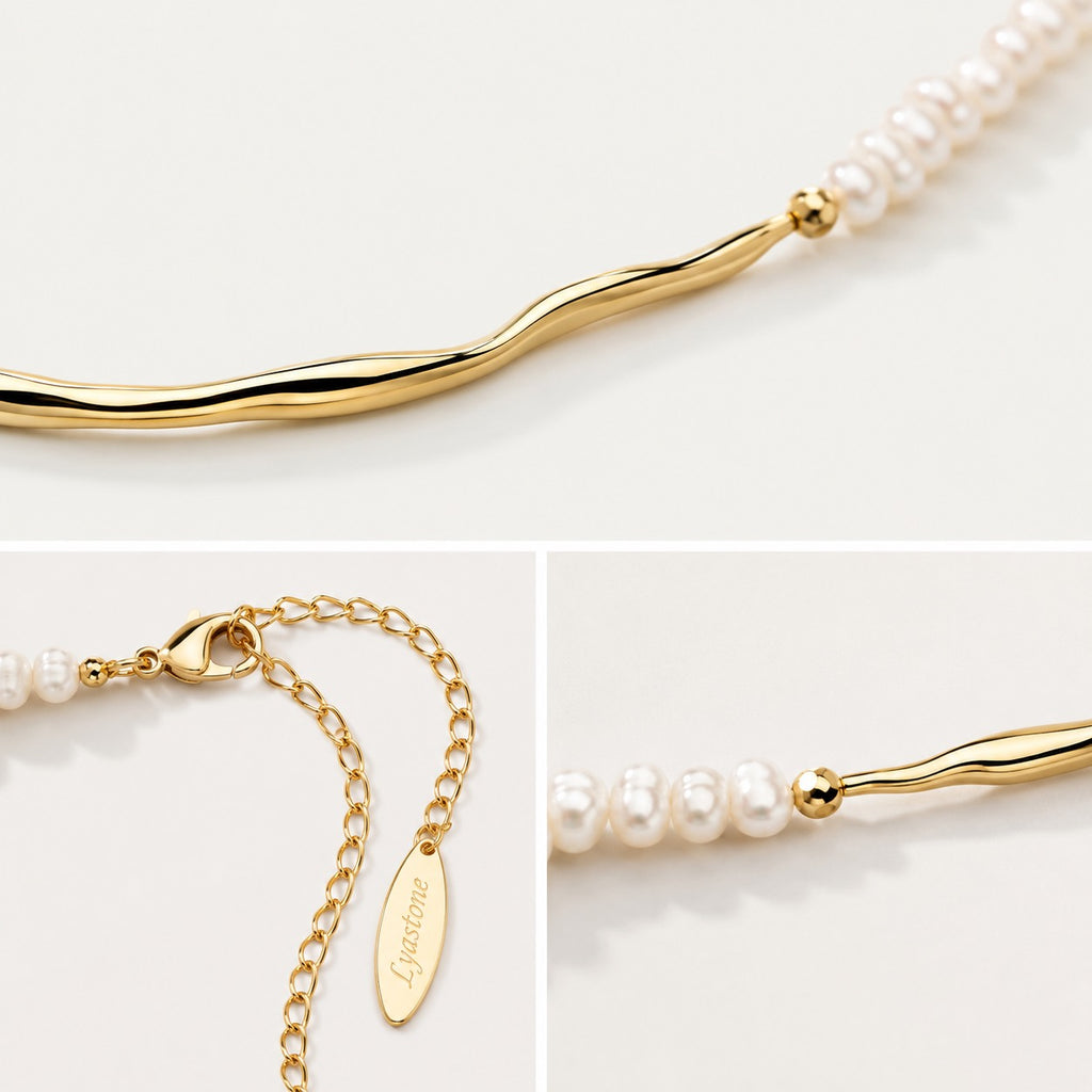 Detail of gold flowing texture and pearl sections on Lyastone necklace