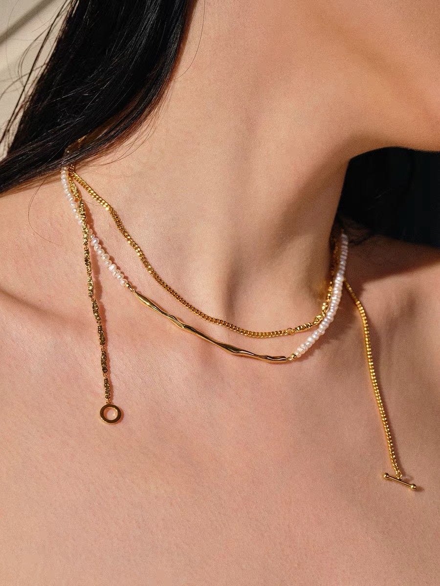 Layered styling view of Lyastone Imperfect Bloom Pearl Necklace